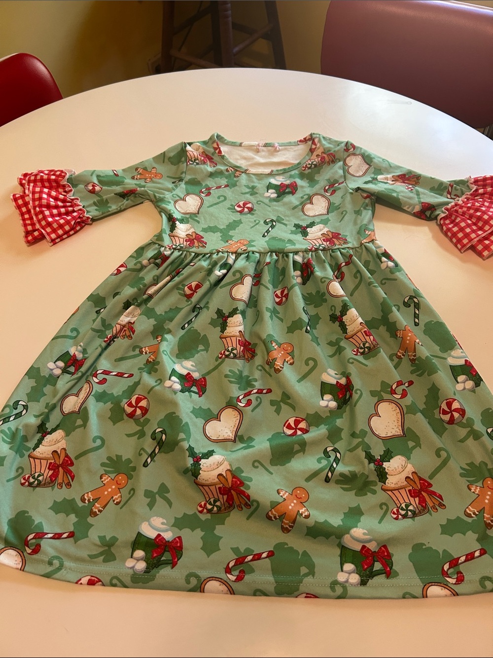 Girls' Christmas Gingerbread Print Dress in Mint Green